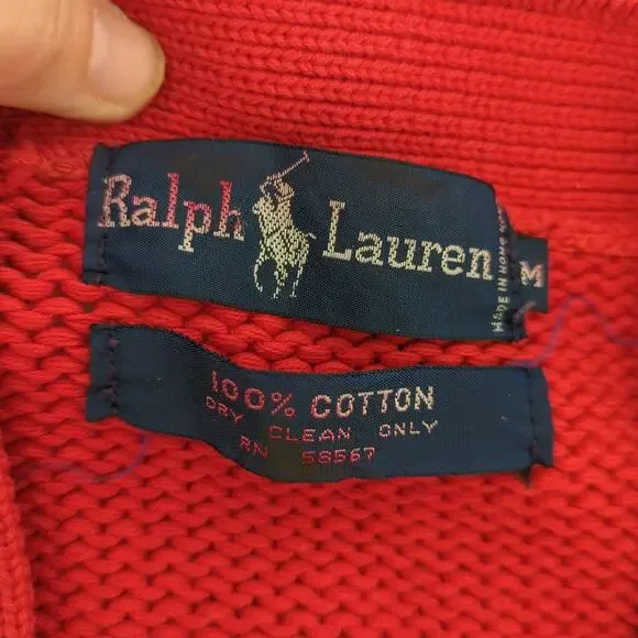 VTG Ralph Lauren Men's Red V-Neck Cardigan Sweater Varsity Stripe Shirt 90s M - Picture 3 of 6